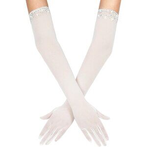 Women's Sexy Pearl Beaded Light Lvory Long Gloves Tulle Mesh Wedding Party Prom